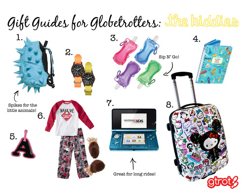 Gift Guides For Globetrotters: The Kiddies! During the holidays many families travel around the world for their annual vacations. Check out a few of our gift ideas for the little ones in the family!
1. Mad Pax Kid&#8217;s Aquanut Spiketus Rex Full Pack, $60. 2. Kids Timex Camper Watch With Interchangeable Strap, $50. 3. Sip N&#8217; Go Bottle Four Pack, $18. 4. Galison Books Kids Travel Journal, $10. 5. Justice Initial Luggage Tag, $14. 6. Old Navy Humor Sleep Tee, Graphic Sleep Pants &amp; Plush Monster Slippers, $40. 7. Nintendo 3DS, $170. 8. Tokidoki x Hello Kitty Rolling Suitcase, $280.