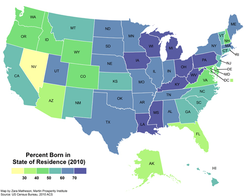 The Geography of Stuck
“Nearly six in ten Americans live in the state where they were born, according to the U.S. Census bureau. But there is considerable variation from state to state, as the map (above) by Zara Matheson of the Martin Prosperity Institute shows. More than three quarters of the people in Louisiana (78.9 percent), Michigan (76.6 percent) and Ohio (75.1 percent) were born there, as opposed to just 24.3 percent of Nevadans, 35.2 percent of Floridians, 37.2 percent of the residents of Washington, D.C., and 37.7 percent of Arizonans. A high level of home-grown residents is also indicative of a lack of inflow of new people.”
(nevver)