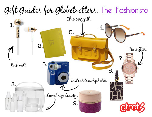 Gift Guides for Globetrotters: The Fashionista!
Can&#8217;t figure out what to buy for the stylish traveler in your life? We&#8217;re here to help you! Here are a few gift ideas from gtrot: 
1. The Heartbeats by Lady Gaga Headphones, $150. 2. Lauren by Ralph Lauren Newbury Passport Cover, $48. 3. Cambridge Satchel Company Batchel, $121. 4. TOMS Classic 201 Sunglasses, $135. 5. Polaroid 300 Instant Camera, $90. 6. Giraffe Voyage Luggage Tag, $13. 7. Michael Kors Rose Gold Watch, $250. 8. Sephora Travel Set, $18. 9. Ted Baker Jewelry Travel Box, $50.